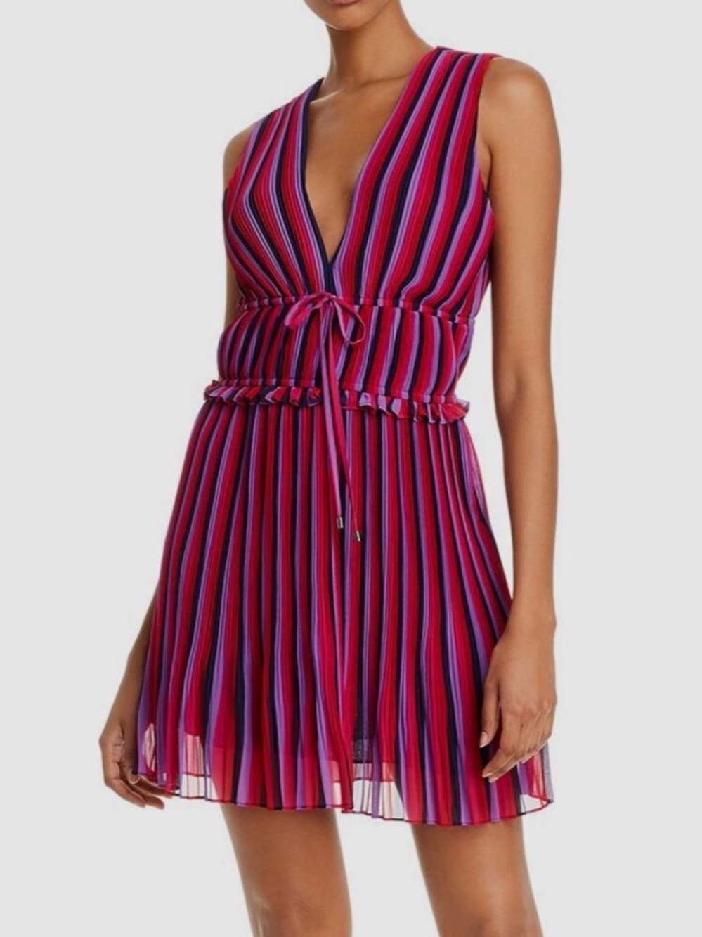 Ramy Brook Pink & Purple Striped Pleated V-Neck Mini Dress